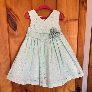 Toddler girl mint rosette and eyelet dress.